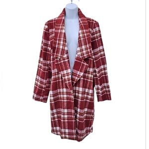 NWT Andree By Unit Red Plaid Long Coat Size M Boutique Open Front Jacket